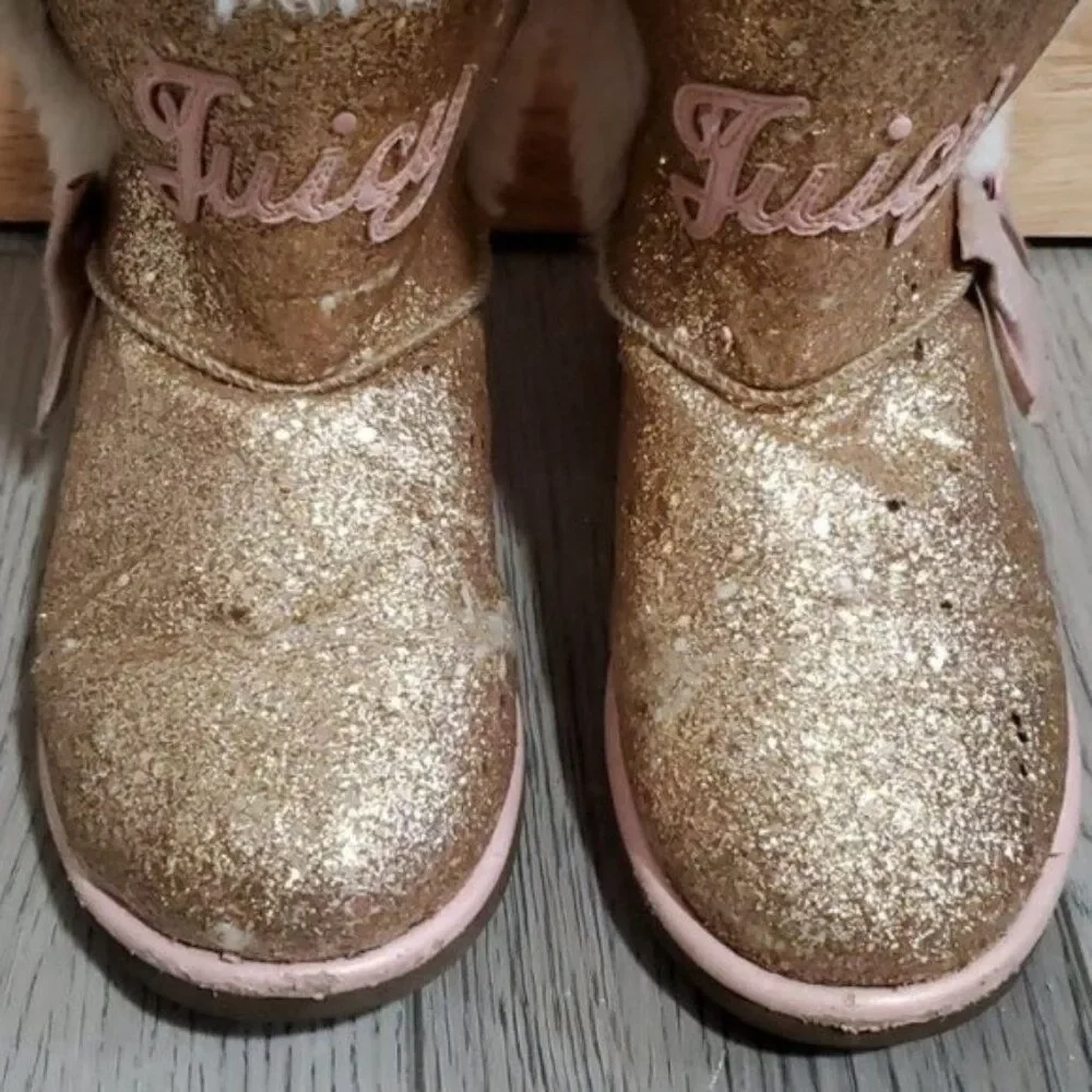 Juicy Couture Big Girls Boots Bling Glitter Winter Snow Furry Gold Pink SIZE 3